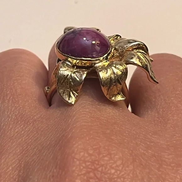 ANTIQUE 14K YELLOW GOLD MASSIVE RING "FLOWER" with "RED STAR"-RUBY, ART NOUVEAU - Picture 7 of 12